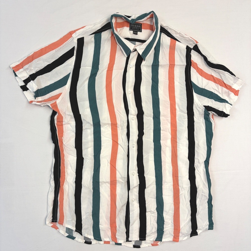 Guess Mens Slim Fit Short Sleeve Button Down Stripe Shirt Large Rayon Viscose